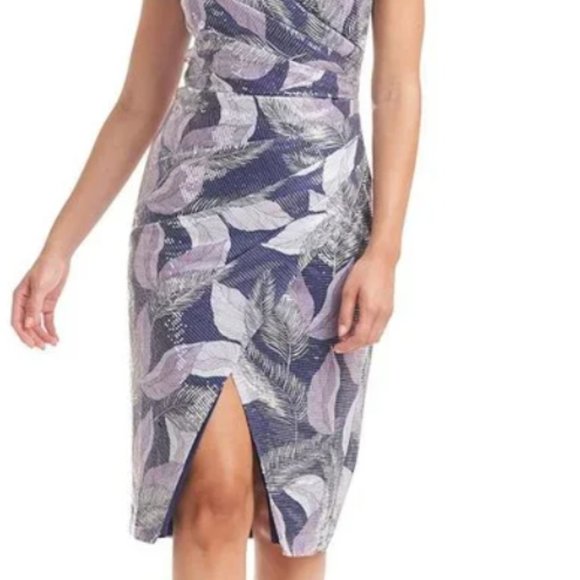 JS COLLECTIONS LEAVES NYLAH SEQUIN BLUE FAUX WRAP DRESS sz 2 - Picture 2 of 5